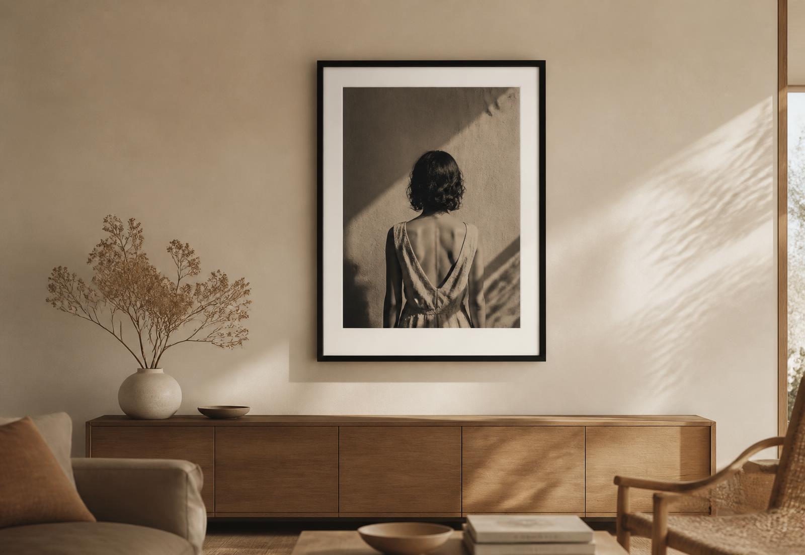 Sala minimalista com quadro emoldurado na parede